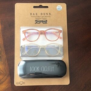 NWT Rae Dunn Amber and Tan Blue Light Blocking Reading 0.00 Glasses Set & Case
